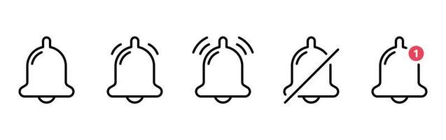 Set of Notification Bells and Silent Mode Concept Line Icons. Ringing Doorbells Outline Icons for Mobile Phone App. Bell with Red Button. Notice Symbol on Smartphone. Isolated Vector Illustration.