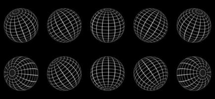 White Globe Grid Sphere Set on Black Background. 3D Wire Global Earth Latitude, Longitude. Wired Line 3D Planet Globe. Geometric Round Grid Mesh Ball. Wireframe Globe Surface. Isolated Vector