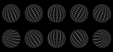 White Globe Grid Sphere Set on Black Background. 3D Wire Global Earth Latitude, Longitude. Wired Line 3D Planet Globe. Geometric Round Grid Mesh Ball. Wireframe Globe Surface. Isolated Vector