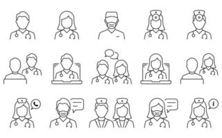 Doctors Line Icon Set. Medic Specialists and Patient Consultation Linear Pictogram. Online Medical Support Outline Icon. Medicine Info Speech Bubble. Isolated Vector Illustration.