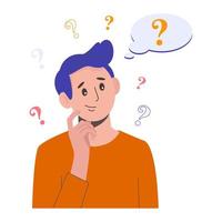 Portrait of young man. Boy with question mark in think bubble. People thinking or solving problem. Dilemma vector flat cartoon concept illustration.