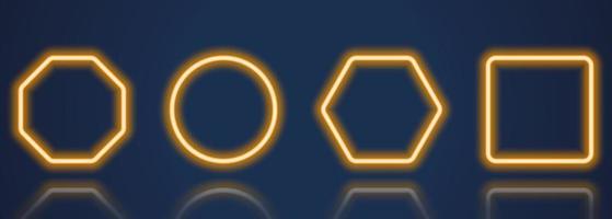 Yellow Neon Frames with Reflection Effect on Dark Blue Background. Set of Orange Banner with Neon Lamp in Different Shapes. Collection of Realistic Bright Neon Frames. Isolated Vector Illustration.