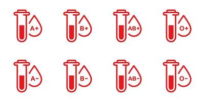 Group of Blood in Test Glass Tube Silhouette Pictogram. Sample of Blood Type Icon. Positive and Negative O, A, B, AB Types of Blood Sign Set. Red Plasma Drops Collection. Isolated Vector Illustration.