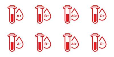 grupo de sangre en el pictograma de silueta de tubo de vidrio de prueba. muestra de icono de tipo de sangre. positivo y negativo o, a, b, ab tipos de conjunto de signos de sangre. colección de gotas de plasma rojo. ilustración vectorial aislada. vector