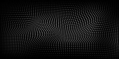 Futuristic Digital Wave of Particles on Dark Black Background. Wave Halftone Dark Black Pattern. Template with Dots Optical Illusion. Abstract Modern Design. Vector Illustration.