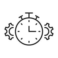 icono de engranaje y línea de reloj. rueda dentada y fecha límite de tiempo de reloj, configuración, pictograma lineal del concepto de eficiencia de control. icono de contorno del proceso de optimización. ilustración vectorial aislada. vector