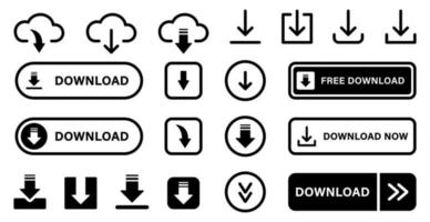 conjunto de iconos de línea y silueta de botón de descarga. descargue la aplicación web, archivo, video, pictograma de documento. nube, círculo, flecha hacia abajo cargar símbolo de concepto. ilustración vectorial aislada. vector