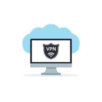 Virtual Private Network. VPN icon on computer screen. WiFi wireless internet icon. Vector