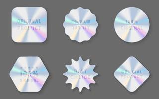 Hologram Stickers in Geometric Shapes Pictogram. Premium Quality, Best Choice, Original, Official Product Holographic Label. Holography Gradient Seal Template. Isolated Vector Illustration.