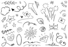 Abstract arrows, ribbons, crowns, hearts, explosions and other elements in hand drawn style for concept design. Doodle illustration. Vector template for decoration