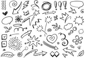 Abstract arrows, ribbons, crowns, hearts, explosions and other elements in hand drawn style for concept design. Doodle illustration. Vector template for decoration