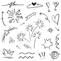 Abstract arrows, ribbons, crowns, hearts, explosions and other elements in hand drawn style for concept design. Doodle illustration. Vector template for decoration