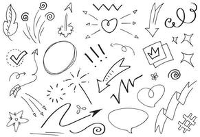 Abstract arrows, ribbons, crowns, hearts, explosions and other elements in hand drawn style for concept design. Doodle illustration. Vector template for decoration