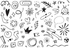 Abstract arrows, ribbons, crowns, hearts, explosions and other elements in hand drawn style for concept design. Doodle illustration. Vector template for decoration