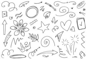 Abstract arrows, ribbons, crowns, hearts, explosions and other elements in hand drawn style for concept design. Doodle illustration. Vector template for decoration