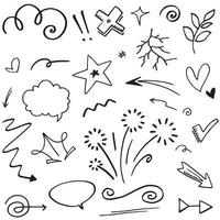 Abstract arrows, ribbons, crowns, hearts, explosions and other elements in hand drawn style for concept design. Doodle illustration. Vector template for decoration