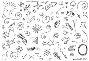 Abstract arrows, ribbons, crowns, hearts, explosions and other elements in hand drawn style for concept design. Doodle illustration. Vector template for decoration