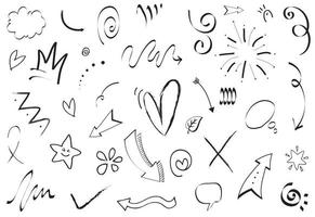 Abstract arrows, ribbons, crowns, hearts, explosions and other elements in hand drawn style for concept design. Doodle illustration. Vector template for decoration