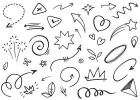 Abstract arrows, ribbons, crowns, hearts, explosions and other elements in hand drawn style for concept design. Doodle illustration. Vector template for decoration