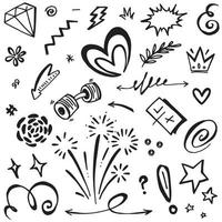 Abstract arrows, ribbons, crowns, hearts, explosions and other elements in hand drawn style for concept design. Doodle illustration. Vector template for decoration