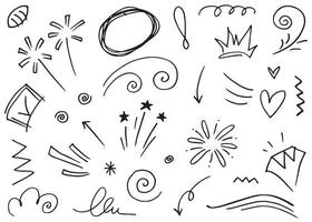 Abstract arrows, ribbons, crowns, hearts, explosions and other elements in hand drawn style for concept design. Doodle illustration. Vector template for decoration