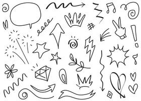 Abstract arrows, ribbons, crowns, hearts, explosions and other elements in hand drawn style for concept design. Doodle illustration. Vector template for decoration