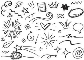 Abstract arrows, ribbons, crowns, hearts, explosions and other elements in hand drawn style for concept design. Doodle illustration. Vector template for decoration