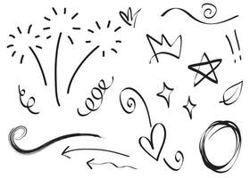 Abstract arrows, ribbons, crowns, hearts, explosions and other elements in hand drawn style for concept design. Doodle illustration. Vector template for decoration