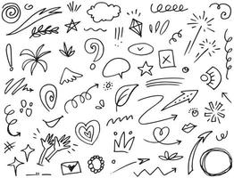 Abstract arrows, ribbons, crowns, hearts, explosions and other elements in hand drawn style for concept design. Doodle illustration. Vector template for decoration