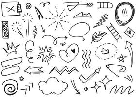 Abstract arrows, ribbons, crowns, hearts, explosions and other elements in hand drawn style for concept design. Doodle illustration. Vector template for decoration