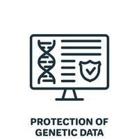 Protection of Online Genetic Data Line Icon. Private Dna Information on Computer Screen with Shield Linear Pictogram. Safe Genetic Info Outline Icon. Isolated Vector Illustration.