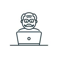 Old Senior Man Influencer Line Icon. Positive Retired Blogger Creating Content Linear Pictogram. Elder Person with Computer Outline Icon. Isolated Vector Illustration.