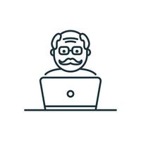 Old Senior Man Influencer Line Icon. Positive Retired Blogger Creating Content Linear Pictogram. Elder Person with Computer Outline Icon. Isolated Vector Illustration.