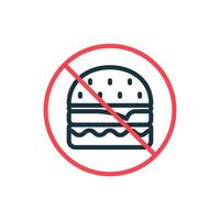 Unhealthy Forbidden Food Line Icon. Prohibition of Eating Here Linear Pictogram. Concept of Ban Burger with Stop Sign Outline Icon. Dont Allow Food. Isolated Vector Illustration.
