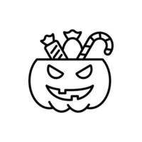 Cute Halloween Pumpkin with Candies Line Icon. Treat or Trick Halloween Pumpkin Bucket Outline Pictogram. Basket for Sweet on Halloween Linear Icon. Editable Stroke. Isolated Vector Illustration.