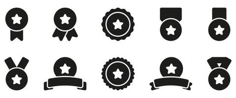Set of Black Silhouette Medals with Ribbon and Stars on White Background. Round Award Collection for Winner of Competition. Rewards for Sport Champion. Isolated Vector Illustration.