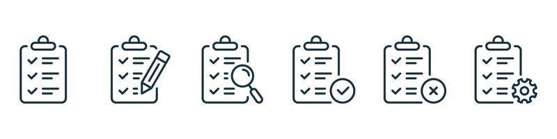 Checklist on Board with Pencil, Gear, Magnifier Line Icons. Set of Clipboard for Note Outline Icon. Business Schedule, Check List on Clip Board. Isolated Vector Illustration.