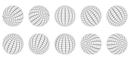 Globe Grid Sphere Set. 3D Wire Global Earth Latitude, Longitude. Geometric Grid Globe. Round Grid Mesh Ball. Wired Line 3D Planet Globe. Wireframe Globe Surface. Isolated Vector Illustration.
