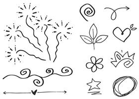 Abstract arrows, ribbons, crowns, hearts, explosions and other elements in hand drawn style for concept design. Doodle illustration. Vector template for decoration