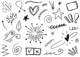 Abstract arrows, ribbons, crowns, hearts, explosions and other elements in hand drawn style for concept design. Doodle illustration. Vector template for decoration