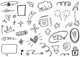 Abstract arrows, ribbons, crowns, hearts, explosions and other elements in hand drawn style for concept design. Doodle illustration. Vector template for decoration