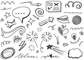 Abstract arrows, ribbons, crowns, hearts, explosions and other elements in hand drawn style for concept design. Doodle illustration. Vector template for decoration