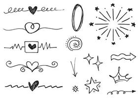 Abstract arrows, ribbons, crowns, hearts, explosions and other elements in hand drawn style for concept design. Doodle illustration. Vector template for decoration