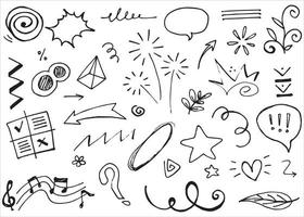 Abstract arrows, ribbons, crowns, hearts, explosions and other elements in hand drawn style for concept design. Doodle illustration. Vector template for decoration