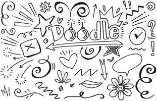 Abstract arrows, ribbons, crowns, hearts, explosions and other elements in hand drawn style for concept design. Doodle illustration. Vector template for decoration