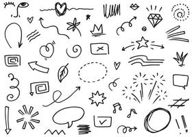 Abstract arrows, ribbons, crowns, hearts, explosions and other elements in hand drawn style for concept design. Doodle illustration. Vector template for decoration