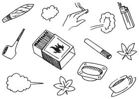 elementos dibujados a mano, pipas, fósforos, ceniceros, cigarrillos, tabaco, cigarros y otros elementos en estilo dibujado a mano para el diseño conceptual. ilustración de garabatos. ilustración vectorial vector