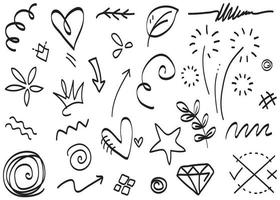 Abstract arrows, ribbons, crowns, hearts, explosions and other elements in hand drawn style for concept design. Doodle illustration. Vector template for decoration