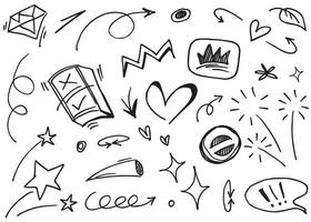 Abstract arrows, ribbons, crowns, hearts, explosions and other elements in hand drawn style for concept design. Doodle illustration. Vector template for decoration