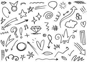 Abstract arrows, ribbons, crowns, hearts, explosions and other elements in hand drawn style for concept design. Doodle illustration. Vector template for decoration